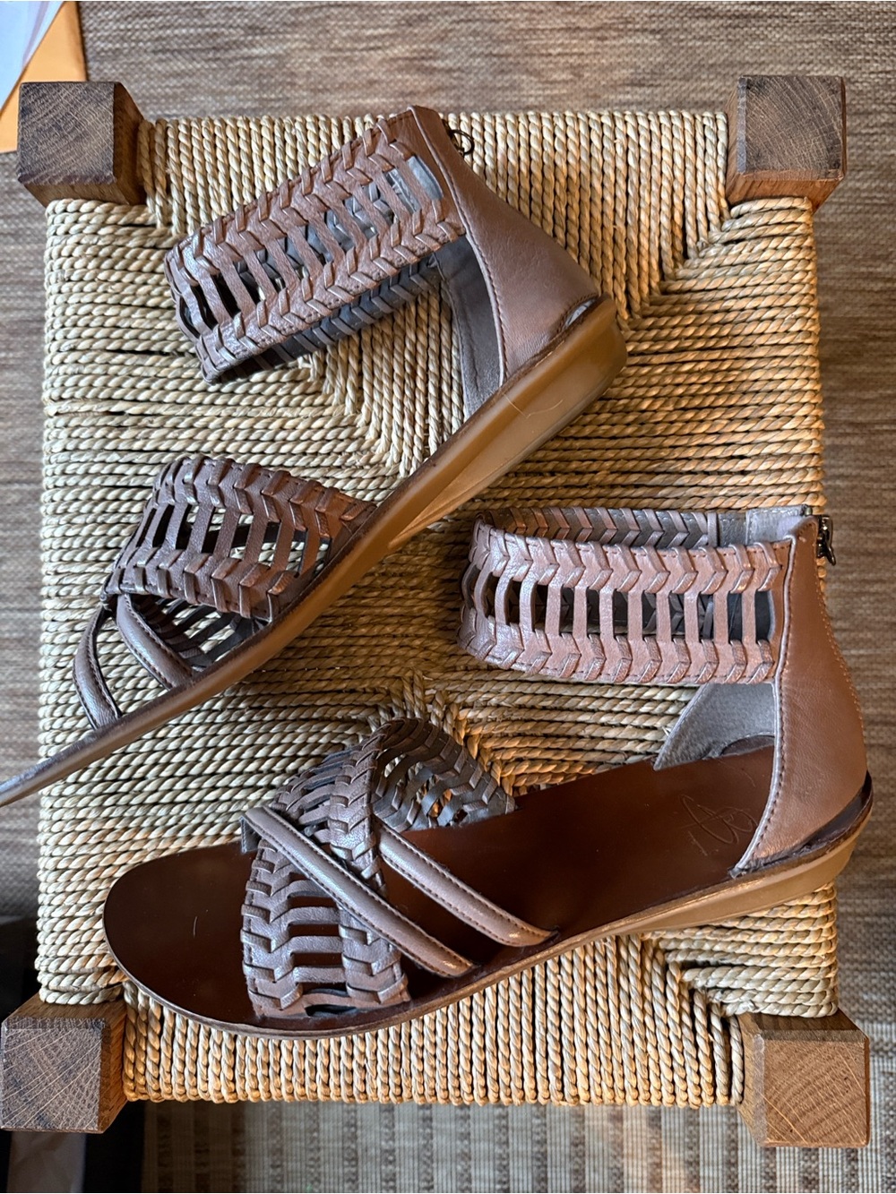 B Makowsky Taupe Woven Leather Sandals with wide ankle Strap. Worn ONCE!